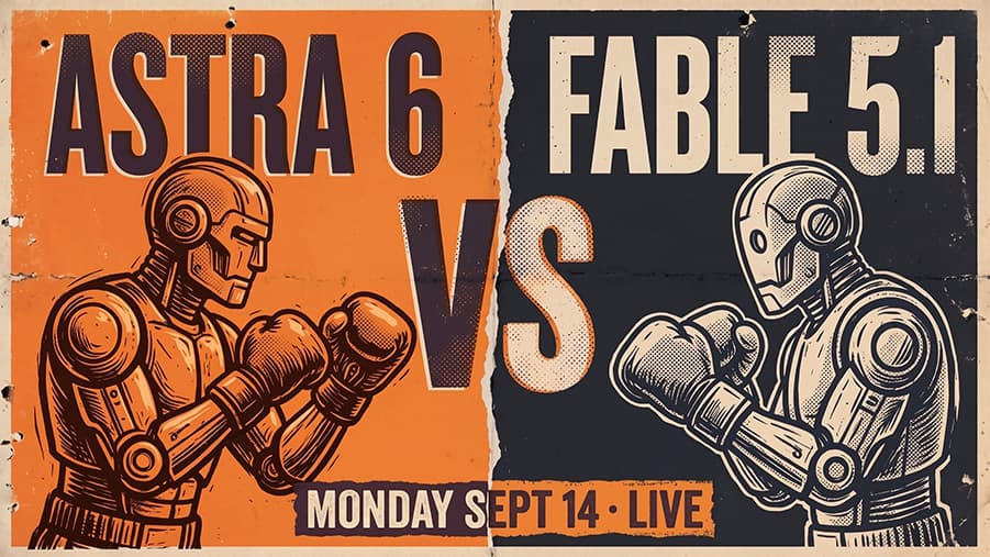 Fight poster style graphic: two robot boxers squaring off, labelled Astra 6 and Fable 5.1