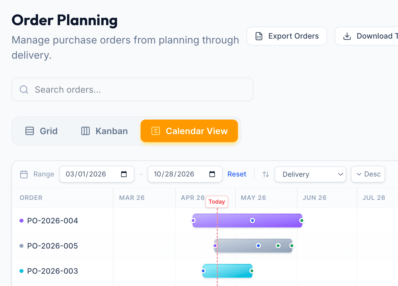 Order Planning view with Grid, Kanban, and Calendar views showing purchase order timelines
