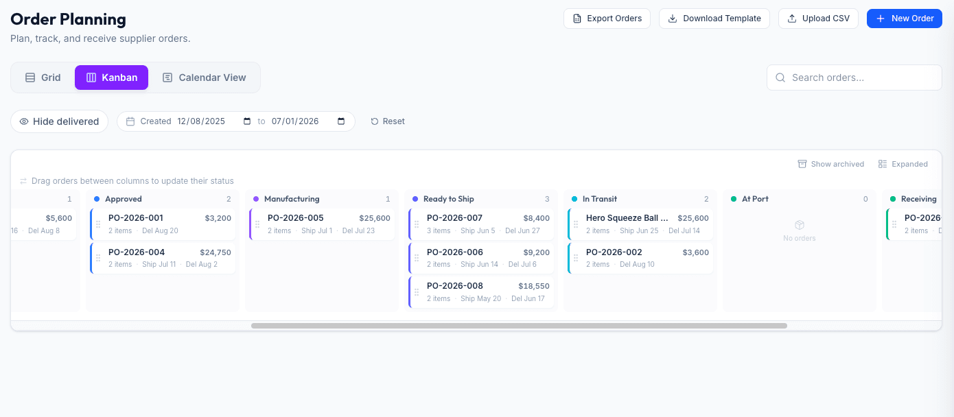 Inventory Hero order planning Kanban showing purchase orders from manufacturing through shipping to receiving