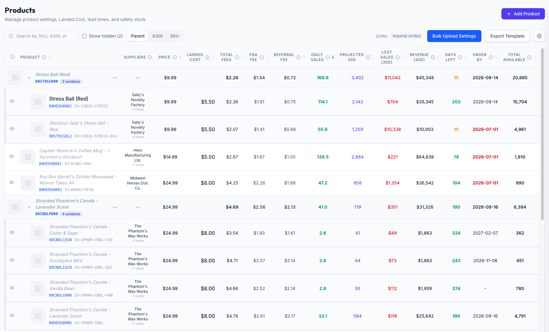 Inventory Hero product view showing landed cost per SKU alongside price and fees