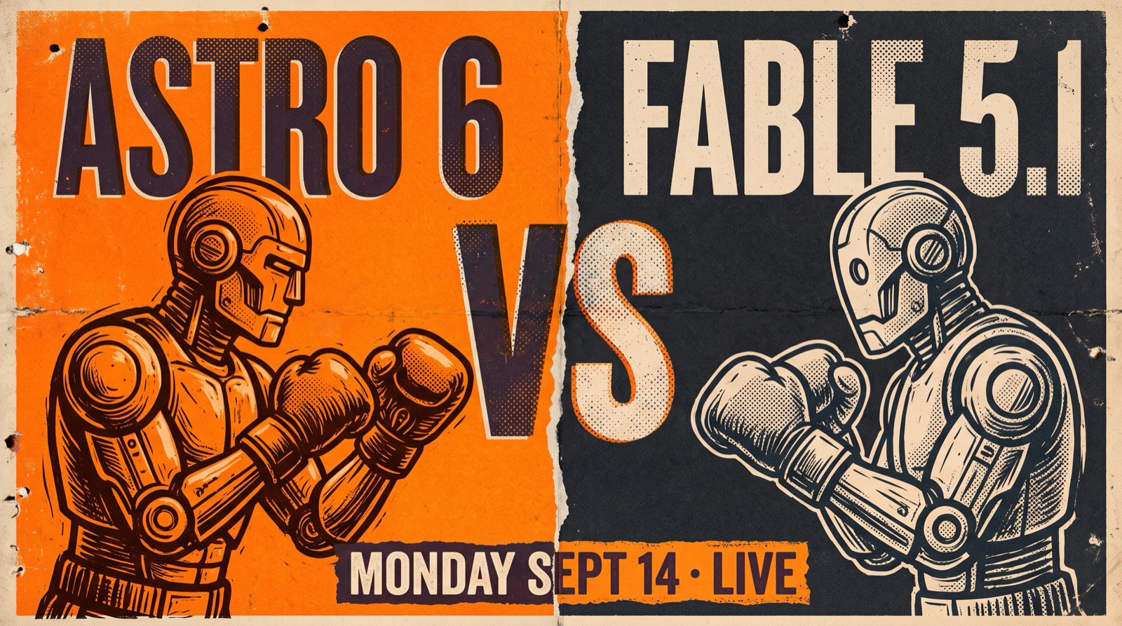 Fight poster: two robot boxers squaring off, labelled Astro 6 and Fable 5.1, Monday Sept 14, Live