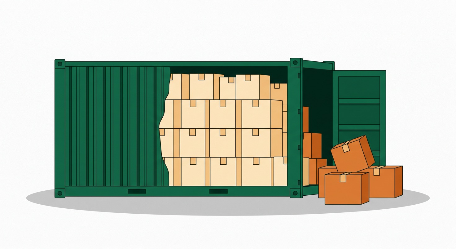 A shipping container packed full, with several cartons left over on the ground that did not fit
