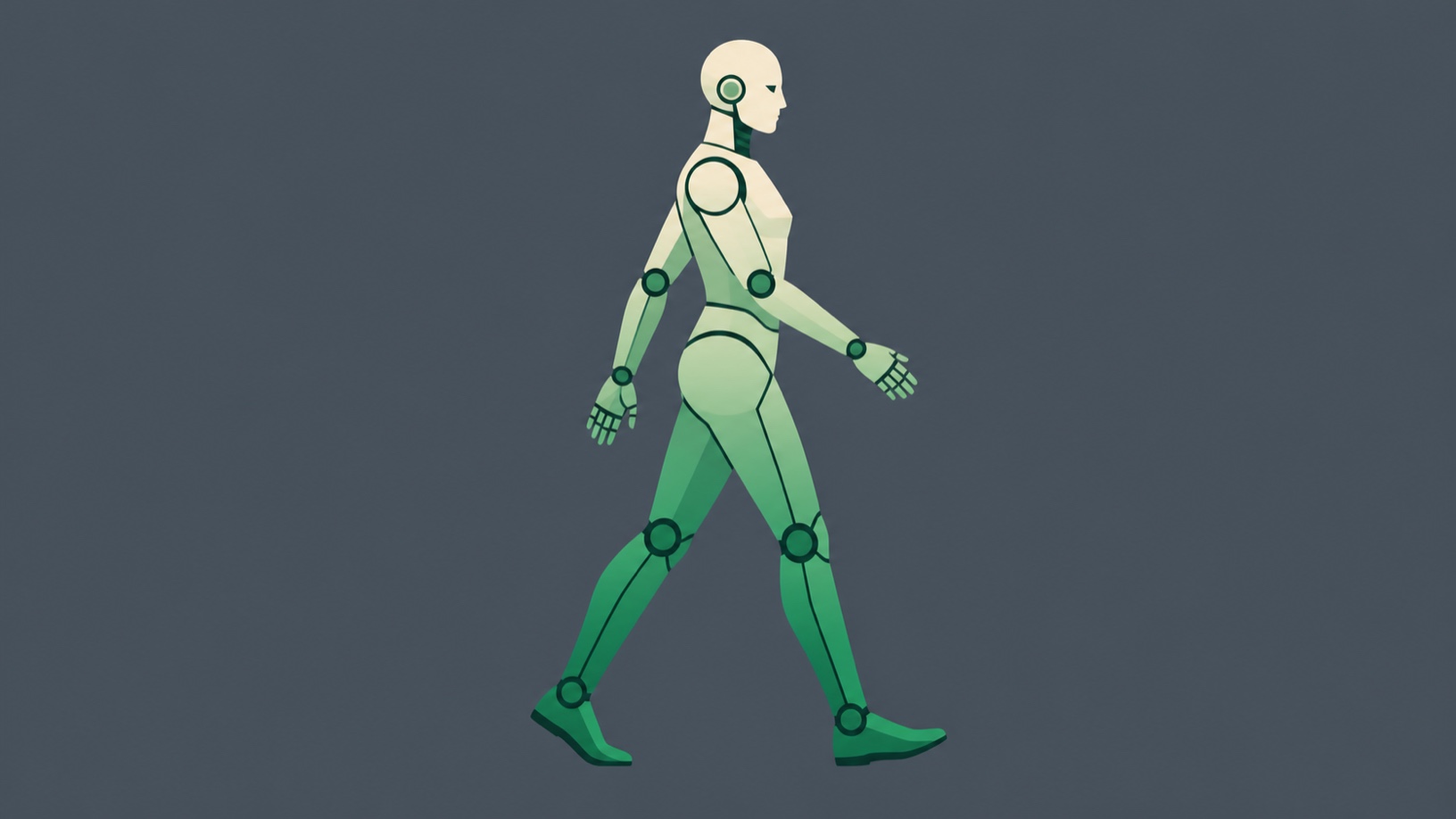 A cyborg walking: human and machine blended in a gradient with no seam at all
