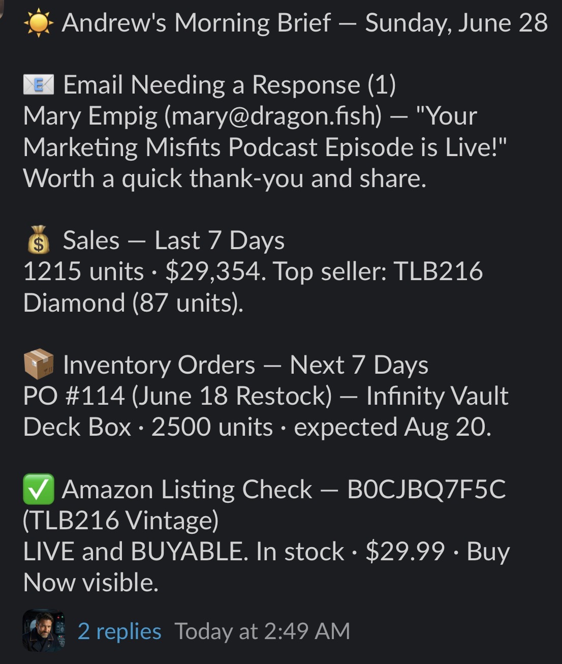 A real Hermes morning brief in Slack: email needing a response, last 7 days sales, inventory orders, and an Amazon listing check